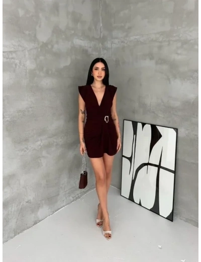 Kruvaze Drapeli Tokalı Mini Elbise Şık Gece Davet Abiye - Kahverengi