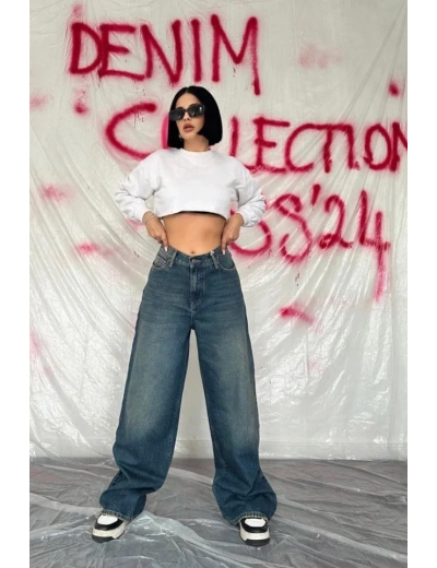 Lacivert Geniş Paça Jeans Pantolon