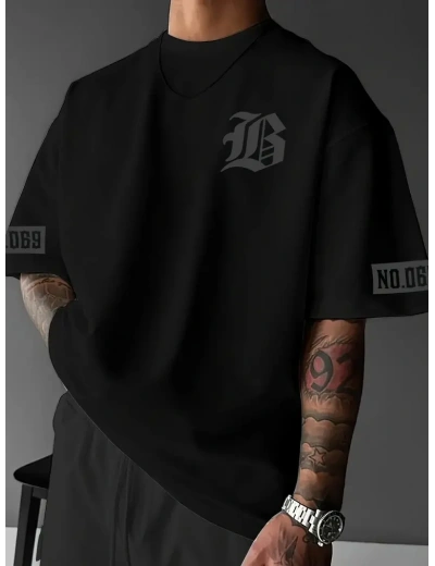 Erkek LB  Baskılı Oversize Bisiklet Yaka Yazlık T-shirt - Siyah