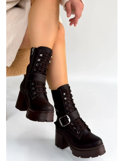 Linma Acı Kahve Cilt Bağcıklı Topuklu Bot