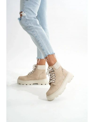LMÇ-2045 Bej Süet Bağcıklı Kalın Taban Kadın Günlük Bot