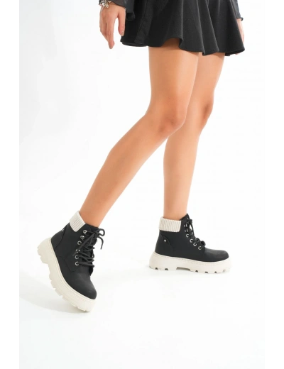 LMÇ-2045 Siyah-Bej Taban Bağcıklı Kalın Taban Kadın Günlük Bot