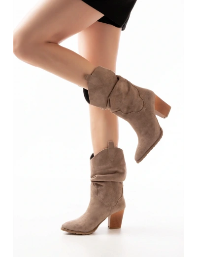 LS-1860 Vizon Süet Körüklü Kalın Topuklu Günlük Kadın Bot