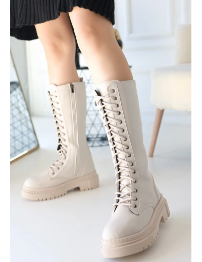 Mennd Bej Cilt Bağcıklı Çizme