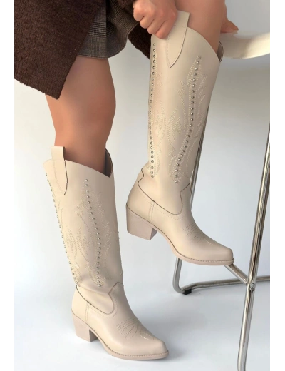 Meof Bej Cilt Topuklu Çizme