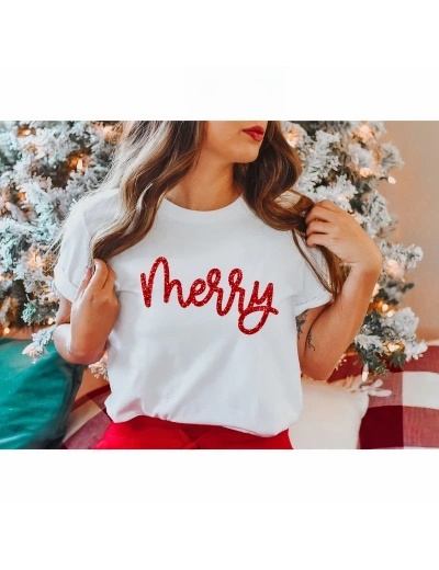 Yılbaşı Tişörr Merry Baskılı Kısa kol T-shirt - Beyaz