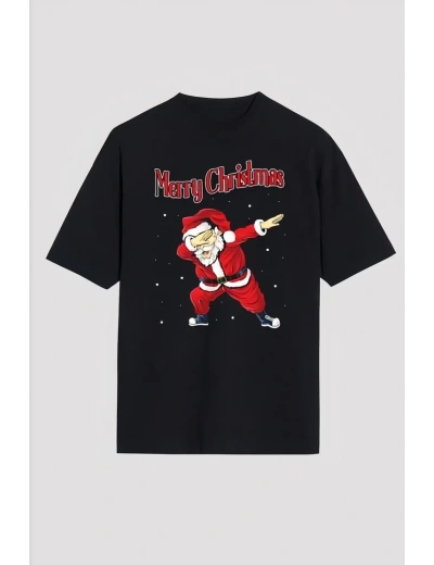 Yılbaşı Tişört Merry Christmas Baskılı Noel Babalı T-shirt - Siyah