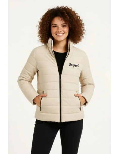 Mikro Su İtici Kapitone Baskılı Astarlı Fermuarlı Bomber Mont - Bej