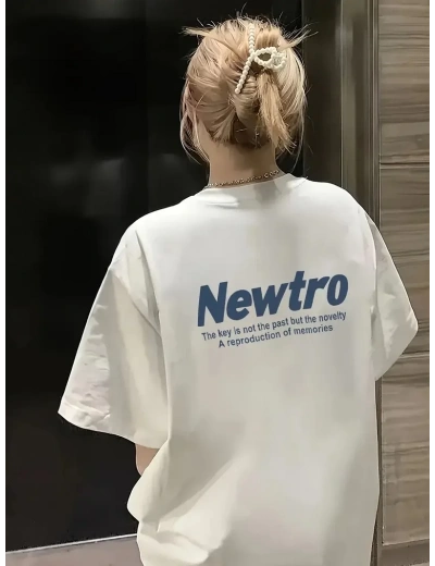 Newtro Baskılı Oversize Bisiklet Yaka T-shirt - Beyaz