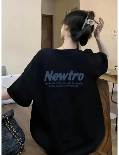 Newtro Baskılı Oversize Bisiklet Yaka T-shirt - Siyah