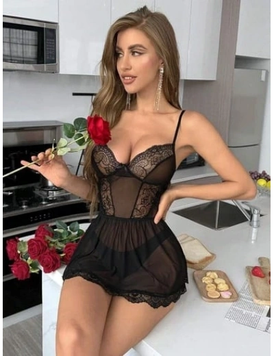 Nightlight 7067 Kadın Tül Dantelli Kısa Gecelik