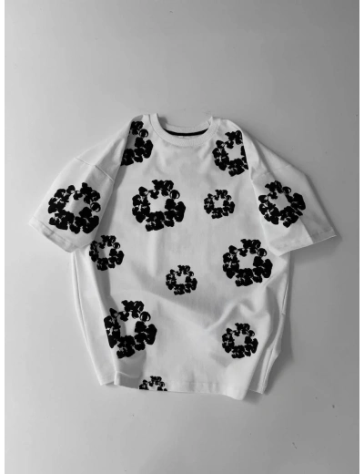 Ön ve Arka Baskılı Oversize Bisiklet Yaka T-shirt- Beyaz