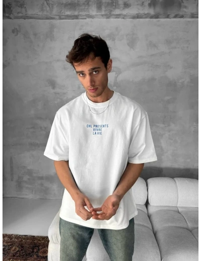 Ön ve Arka Baskılı Oversize Bisiklet Yaka - Beyaz