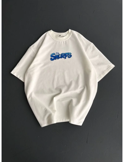 ERKEK Ön ve Arka Baskılı Oversize Bisiklet Yaka - Beyaz