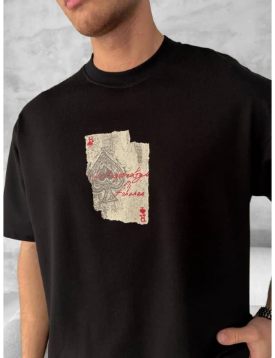 ERKEK Ön ve Arka Baskılı Oversize Bisiklet Yaka T-shirt - Siyah