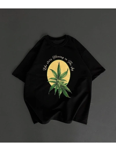 ERKEK  Baskılı Oversize Bisiklet Yaka T-shirt- Siyah