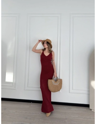 Örgülü Uzun Triko Elbise - Bordo
