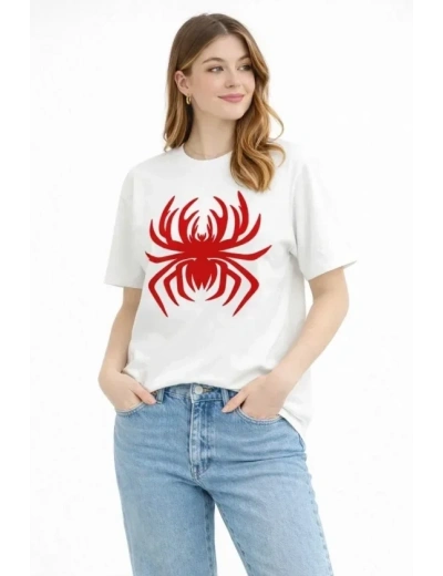 Örümcek Baskılı Tişört Kısa Kollu Bisiklet Yaka T-Shirt - Beyaz