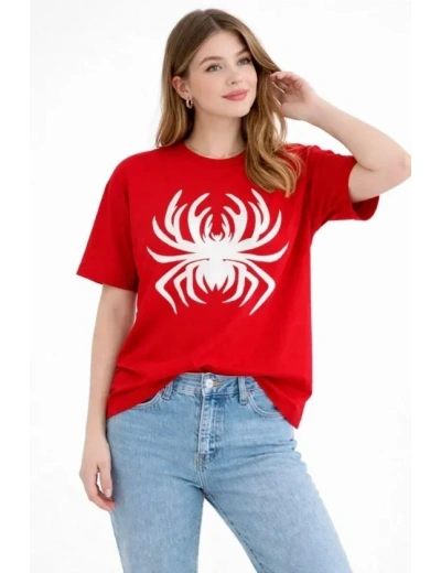 Örümcek Baskılı Tişört Kısa Kollu Bisiklet Yaka T-Shirt - Kırmızı