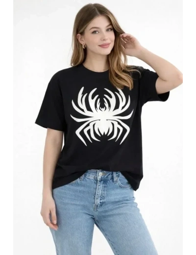 Örümcek Baskılı Tişört Kısa Kollu Bisiklet Yaka T-Shirt - Siyah