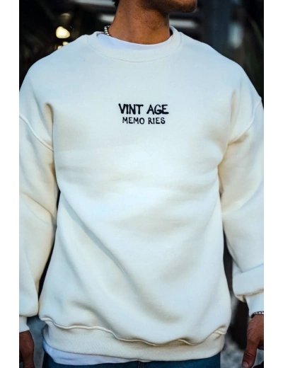 Oversize Bisiklet Yaka Üç İplik Baskılı SweatShirt - Beyaz