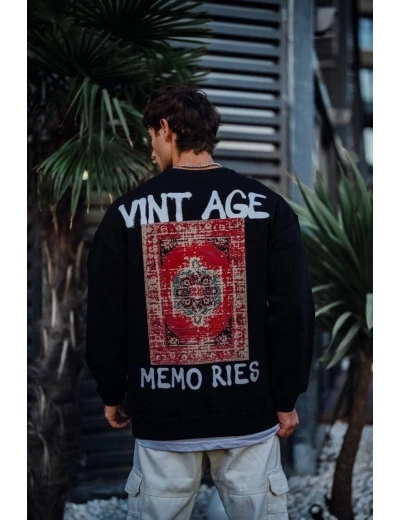 Oversize Bisiklet Yaka Üç İplik Baskılı SweatShirt - Siyah