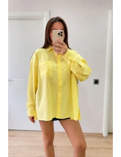 Oversize Pens Detaylı Cepli Yırtmaçlı Rahat Kalıp Poplin Gömlek - Sarı
