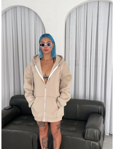Oversize Tam Fermuarlı Uzun Kol Hırka - Bej
