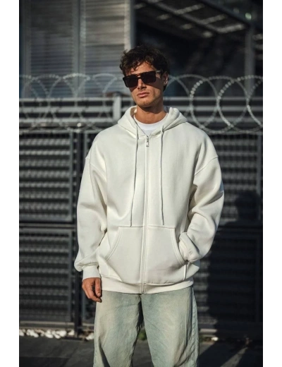 Oversize Tam Fermuarlı Uzun Kol Hırka - Beyaz