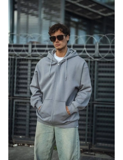 Oversize Tam Fermuarlı Uzun Kol Hırka - Gri