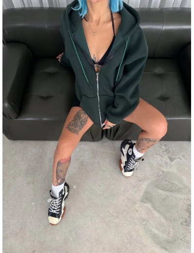 Oversize Tam Fermuarlı Uzun Kol Hırka - Haki