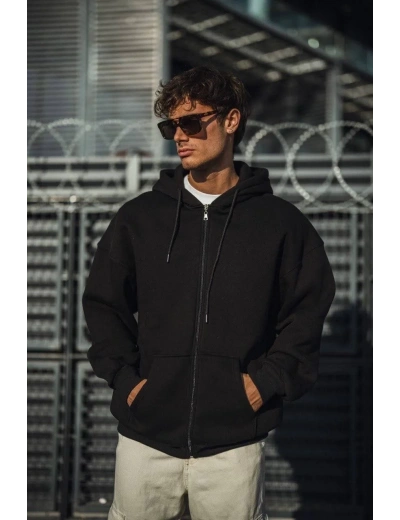 Oversize Tam Fermuarlı Uzun Kol Hırka - Siyah