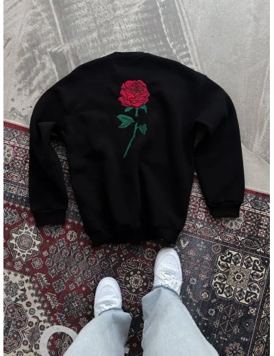 Kadın Oversize Kapüşonlu Cepli GÜL Baskılı 3 İplik Pamuklu Hoodie Sweatshirt - Siyah