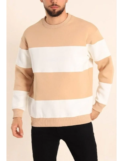 Parçalı Bisiklet Yaka Baskılı SweatShirt - Bej