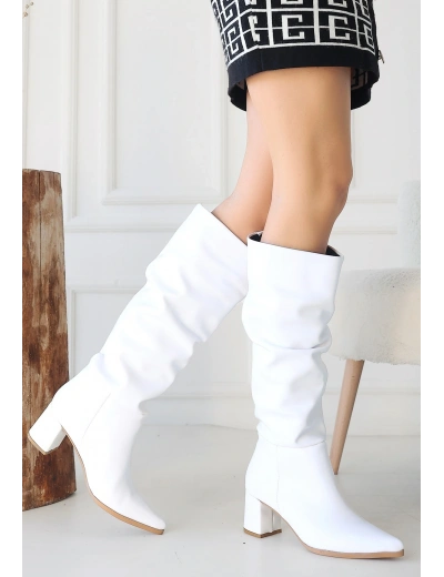 Pitay Beyaz Cilt Topuklu Çizme
