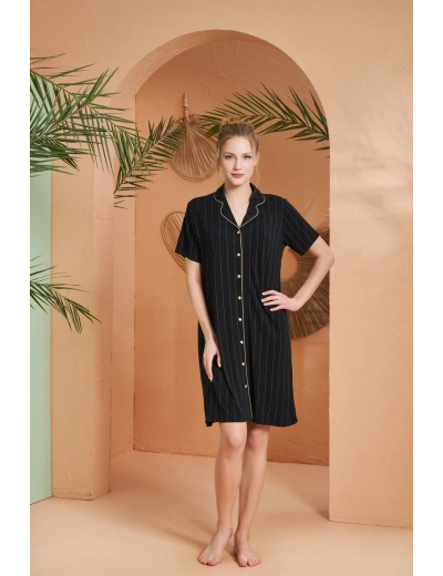 Pjs 27043 Kadın Kısa Kol Çizgili Önü Düğmeli Gecelik
