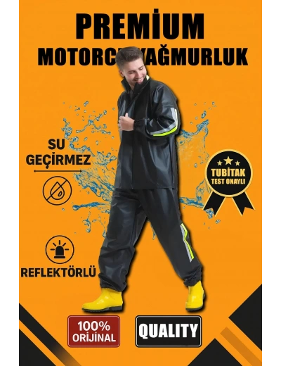 Premium Motorcu Kurye Yağmurluk Takım Su Geçirmez PVC Kumaş Reflektörlü TÜBİTAK Onaylı - Siyah