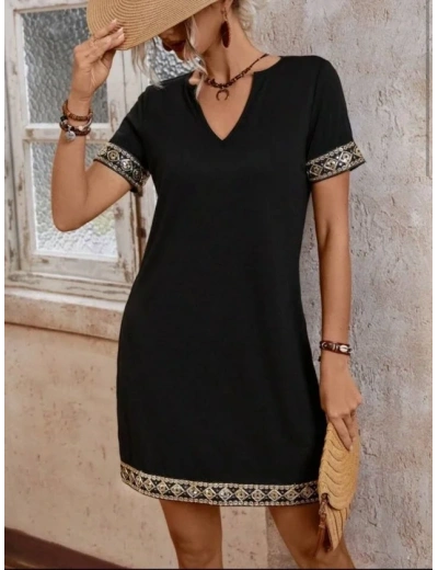 Şerit Detay V Yaka Yandan Cepli Viskon Elbise