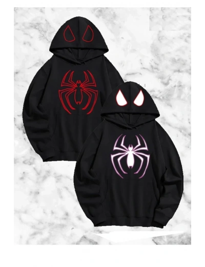 Sevgili Çift Kombini Örümcek Baskılı Kapüşonlu Sweatshirt Hoodie - Siyah