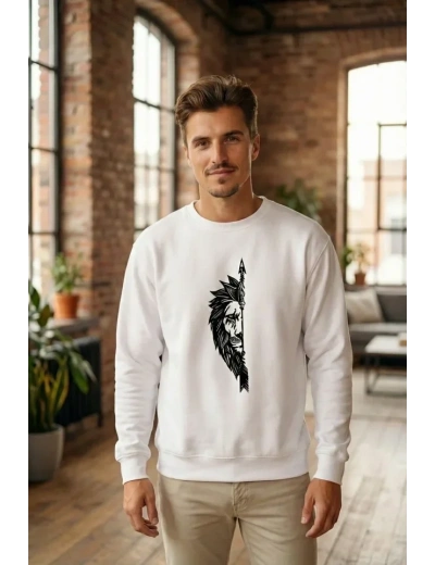 Sevgililer Günü Özel Bisiklet Yaka Aslan Baskılı Oversize Sweatshirt - Beyaz