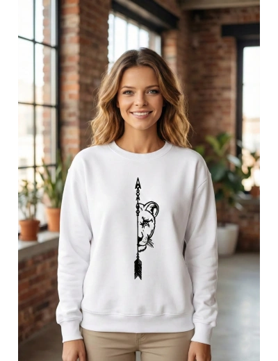 Sevgililer Günü Özel Bisiklet Yaka Aslan Baskılı Oversize Sweatshirt - Beyaz