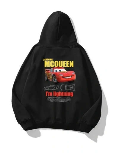 Sevgililer Günü Özel Kapüşonlu Araba Baskılı Oversize Sweatshirt - Siyah