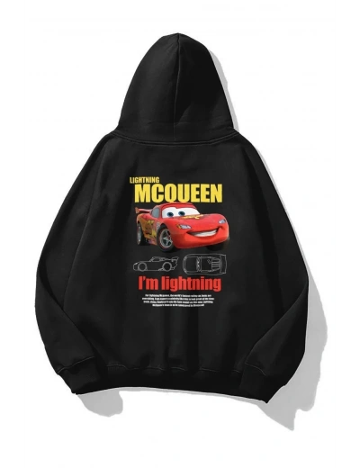 Sevgililer Günü Özel Kapüşonlu Araba Baskılı Oversize Sweatshirt - Siyah