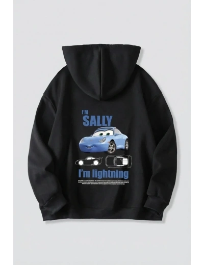 Sevgililer Günü Özel Kapüşonlu Araba Baskılı Oversize Sweatshirt - Siyah