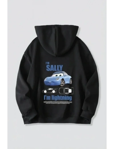 Sevgililer Günü Özel Kapüşonlu Araba Baskılı Oversize Sweatshirt - Siyah