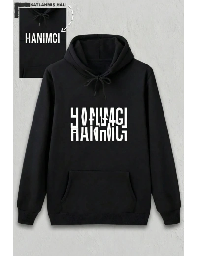 Sevgililer Günü Özel Kapüşonlu Hanımcı Baskılı Oversize Sweatshirt - Siyah