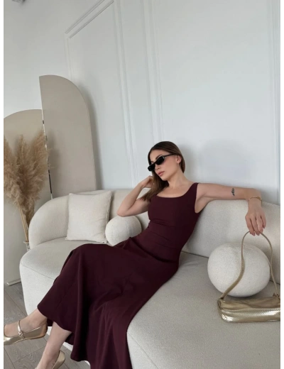 Sırt Dekolteli Kolsuz Uzun Elbise - Mürdüm