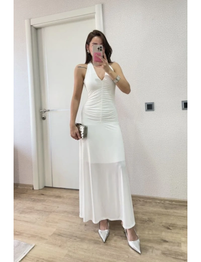 Sırt dekolteli Uzun Elbise - Beyaz