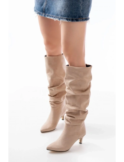 SR-2001 Bej Süet İnce Topuklu Günlük Bayan Çizme