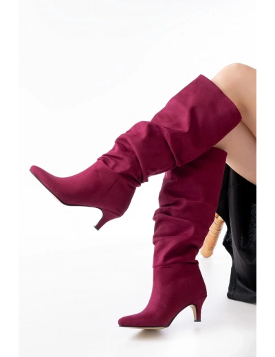 SR-2001 Bordo Süet İnce Topuklu Günlük Bayan Çizme
